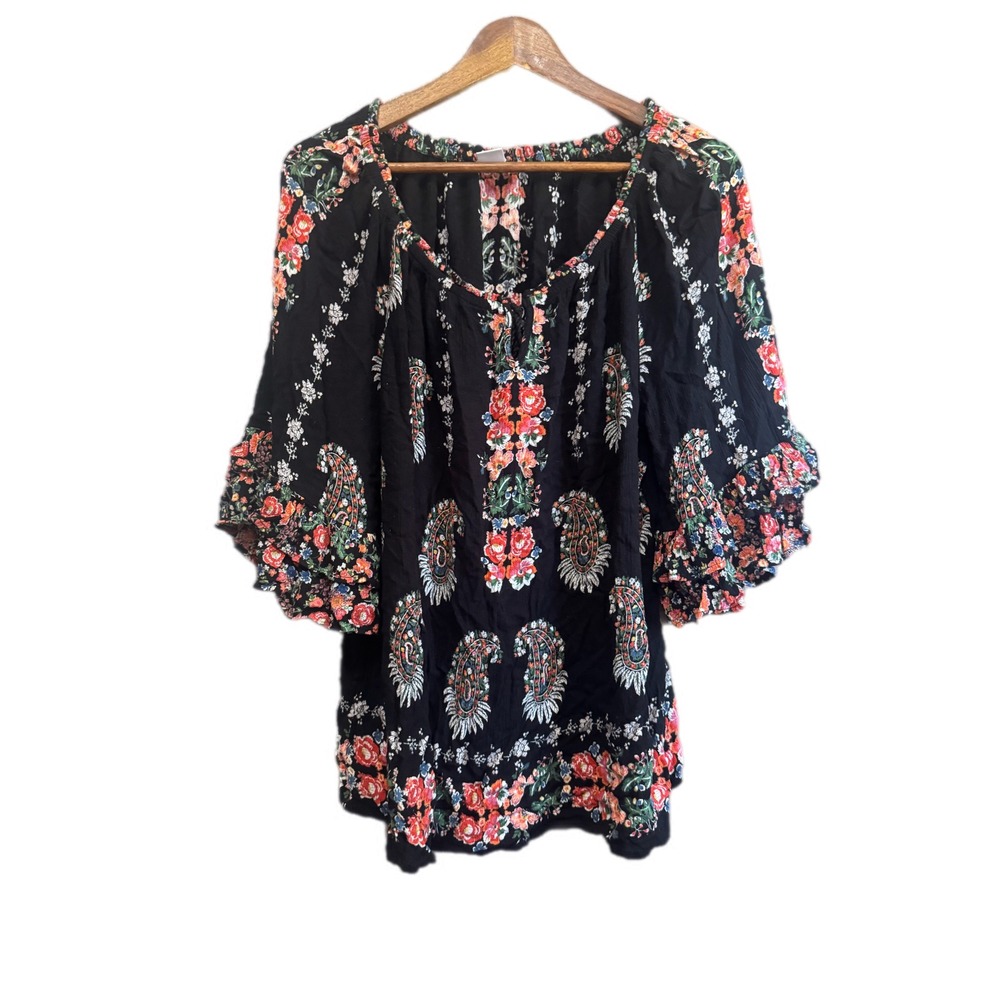 Bila Floral Paisley Peasant Blouse Womens Large Black Excellent Ruffle Sleeve